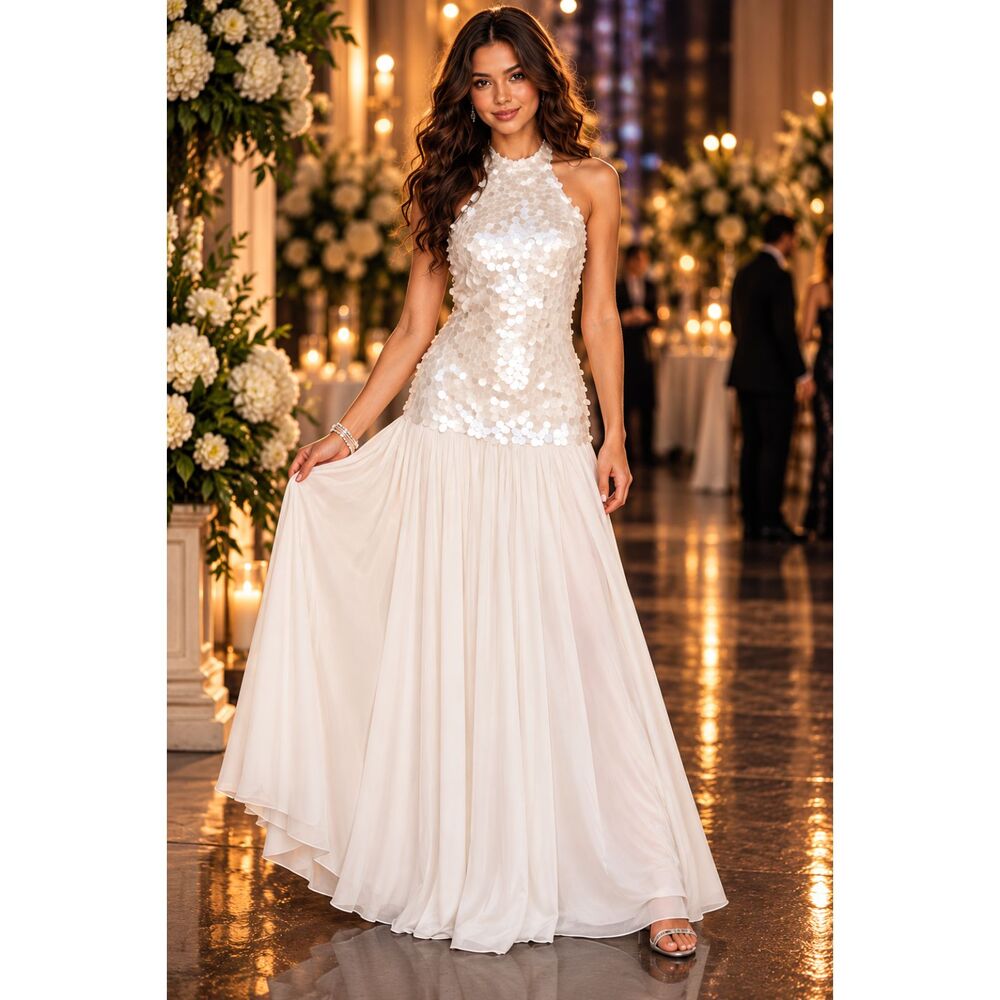 NWT White Disc Embellished Mermaid Scale Halter Maxi Formal Gown Homecoming L